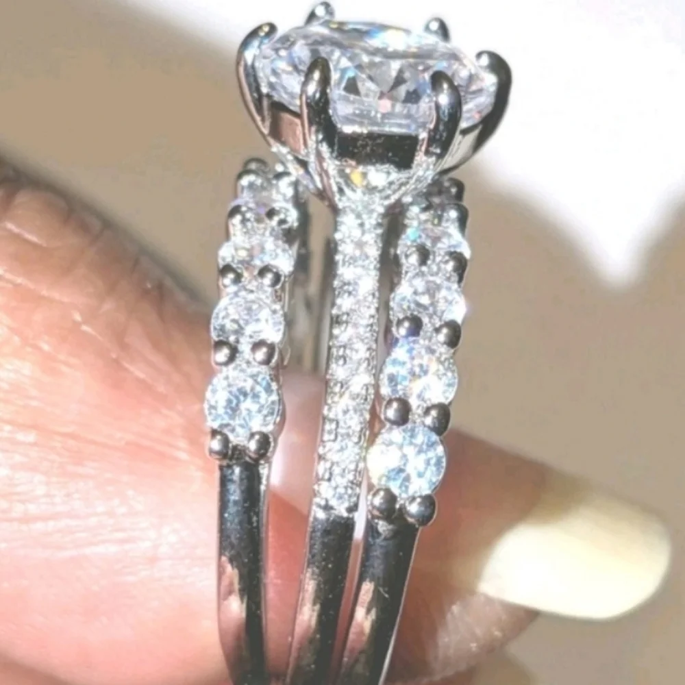 Shimmering 5ct Round Cut Moissanite Trio Silvery Bridal Wedding Ring Set